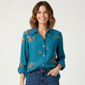 Anthropologie Fig & Flower Teal Embroidered Blouse